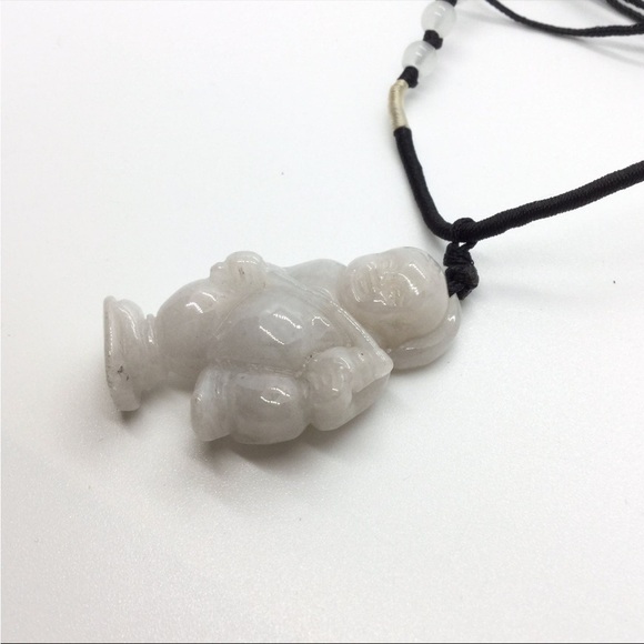 CHINESE HETIAN NEPHRITE CELADO CARVED WHITE JADE BUDDHA PENDANT ROPE NEC… - Picture 3 of 6